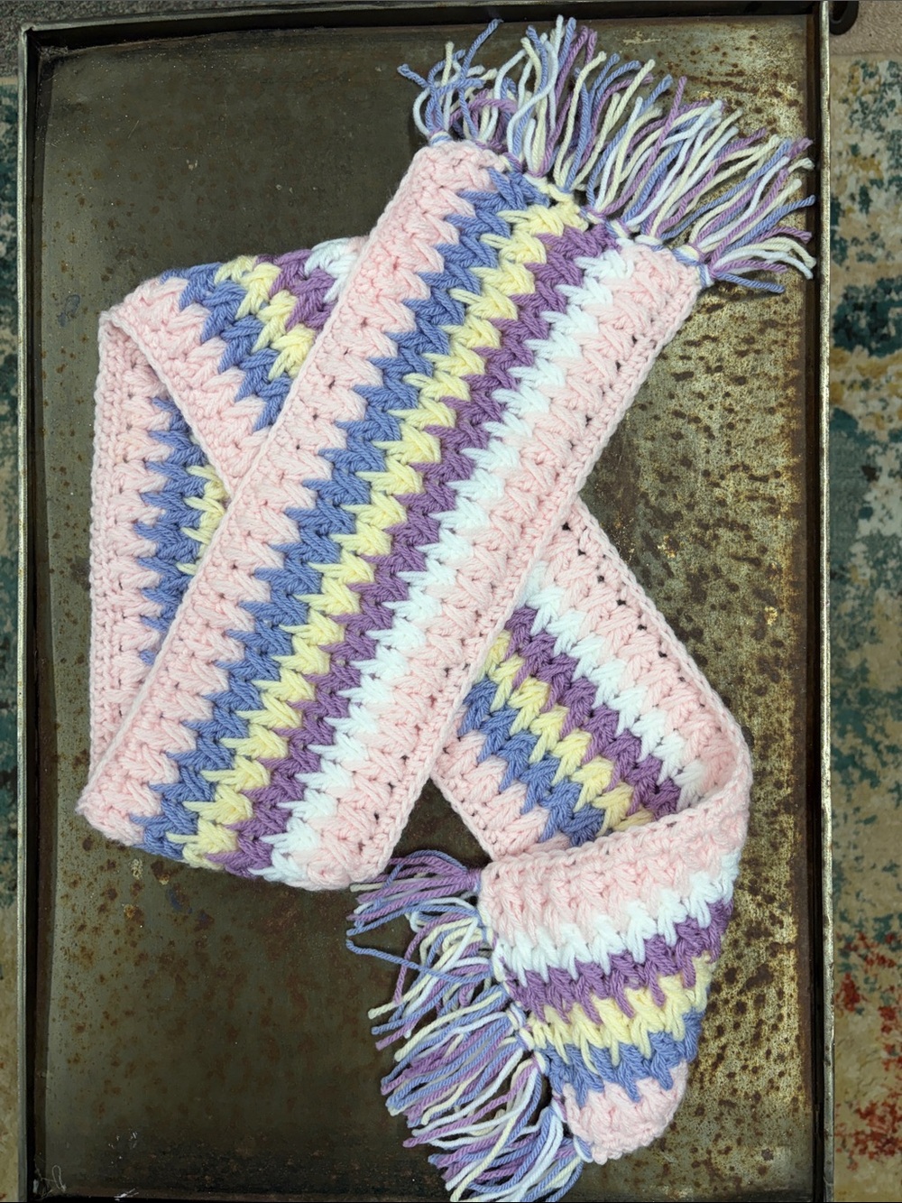 Handmade Pastel Princess Crochet Fringe Scarf -Pink, Purple, Blue, Yellow, White